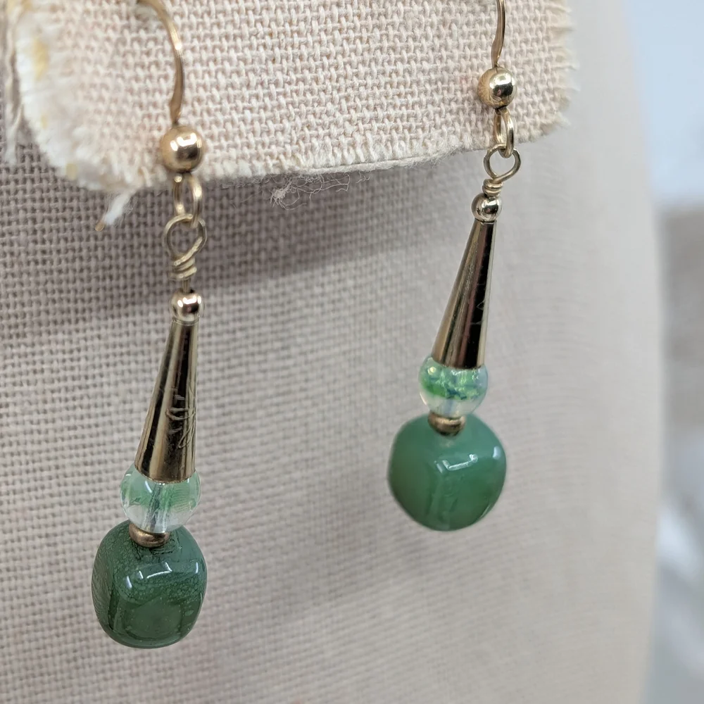 Vintage Handmade Green Glass Dangle Earrings | Boho Drop Style | Lightweight